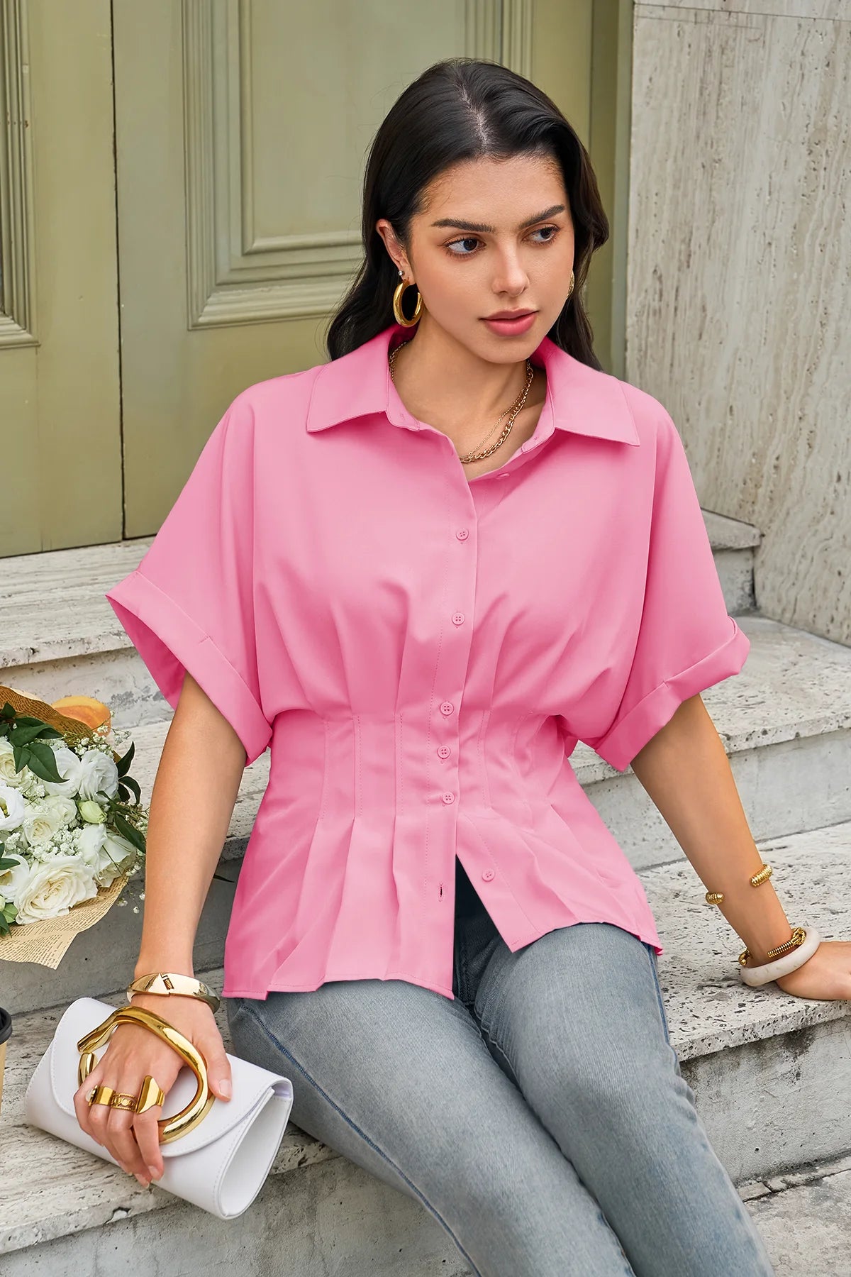 Cicy Bell Womens Pink Pleated Button-Down Shirt