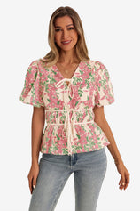 Womens Pink Puff Sleeve Floral Print Blouses 1