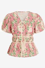 Womens Pink Puff Sleeve Floral Print Blouses 2