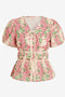Womens Pink Puff Sleeve Floral Print Blouses 2