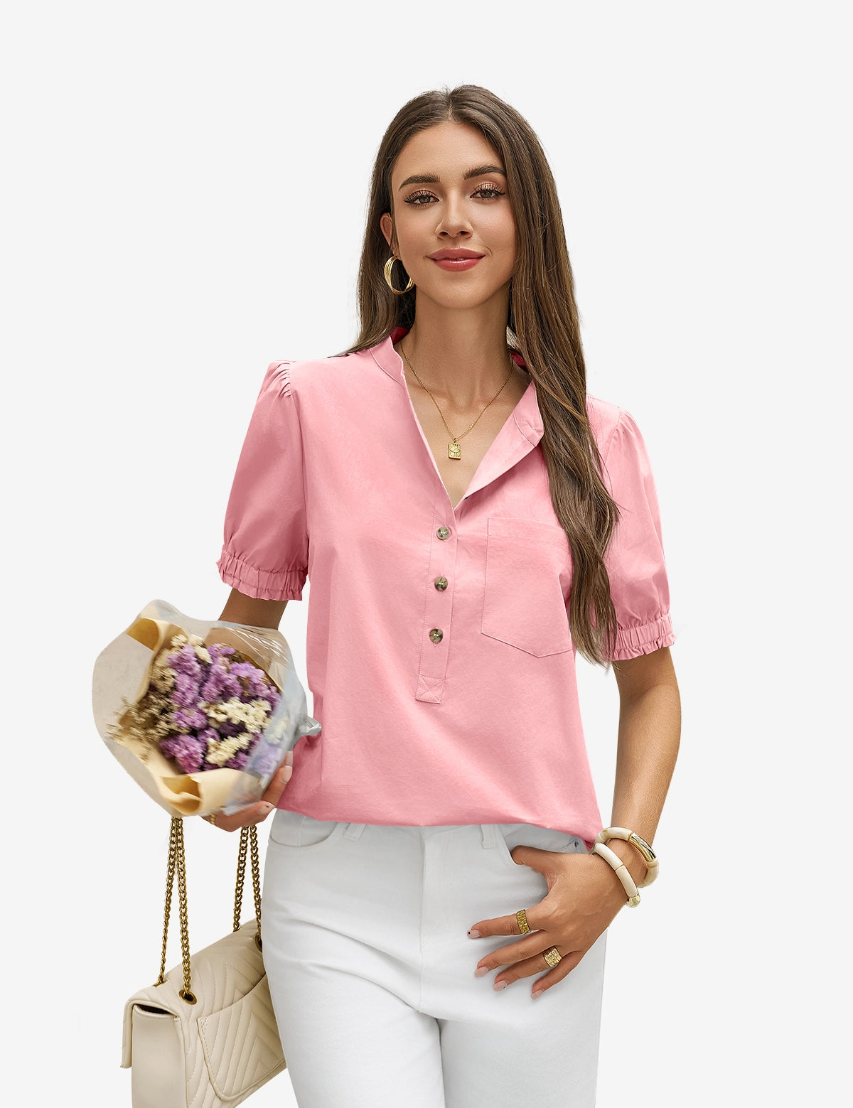 Womens Pink Puff Short Sleeve Blouses 1