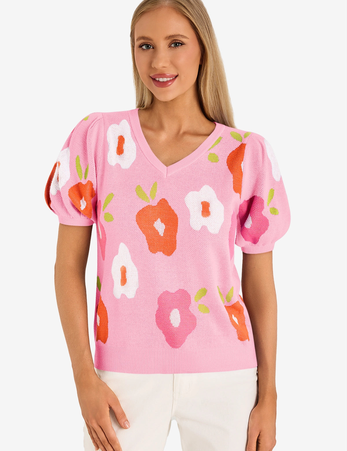 Womens Pink Floral Puff Short Sleeve Sweater  1