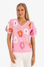 Womens Pink Floral Puff Short Sleeve Sweater  1