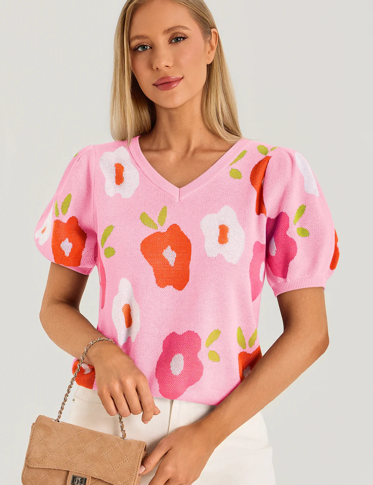 Womens Pink Floral Puff Short Sleeve Sweater  2