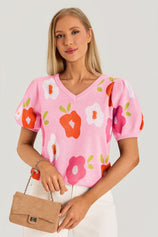 Womens Pink Floral Puff Short Sleeve Sweater  2