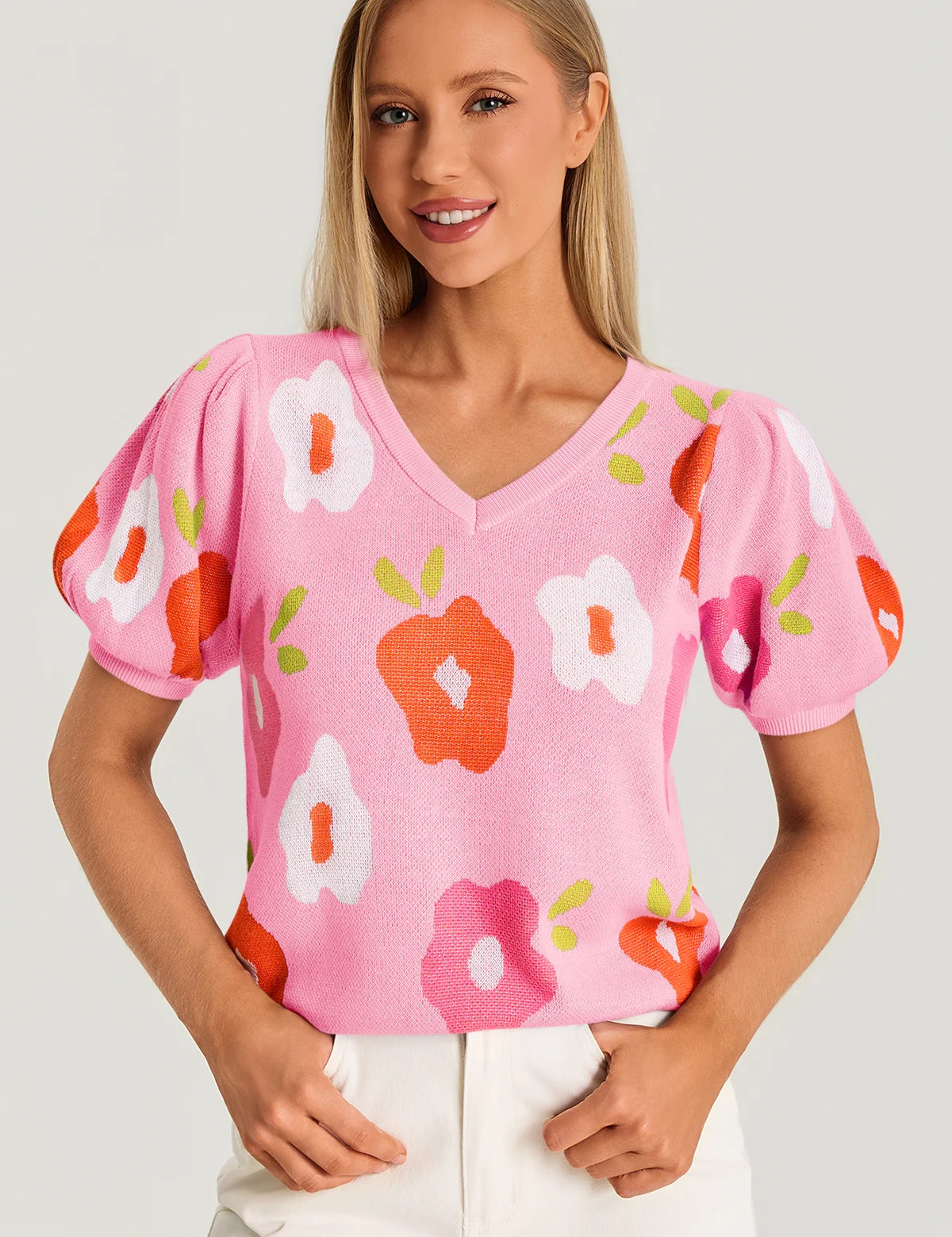 Womens Pink Floral Puff Short Sleeve Sweater  3