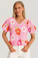 Womens Pink Floral Puff Short Sleeve Sweater  3