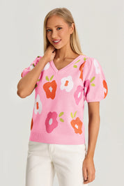 Womens Pink Floral Puff Short Sleeve Sweater | CicyBell