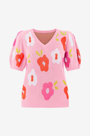 Womens Pink Floral Puff Short Sleeve Sweater | CicyBell