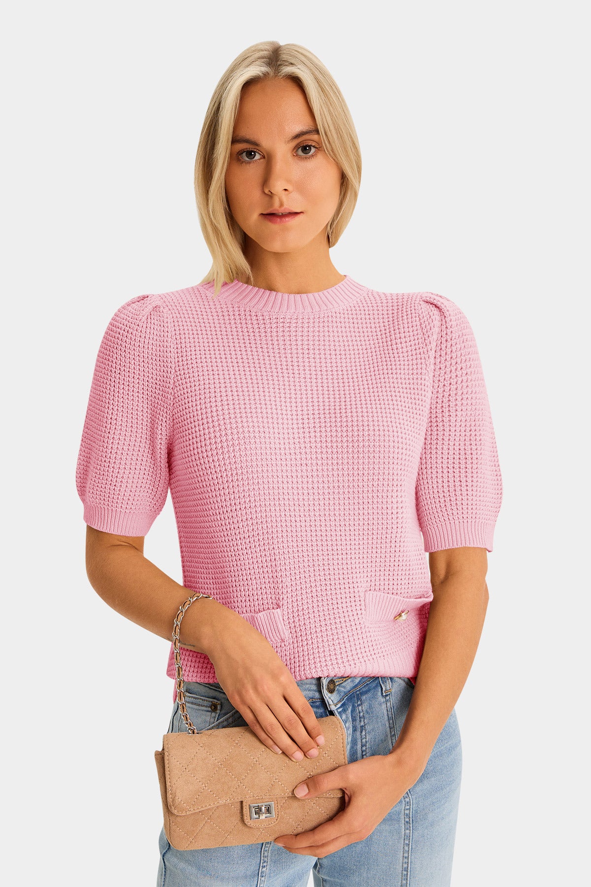 Womens Pink Puff Short Sleeve Sweaters Tops 1