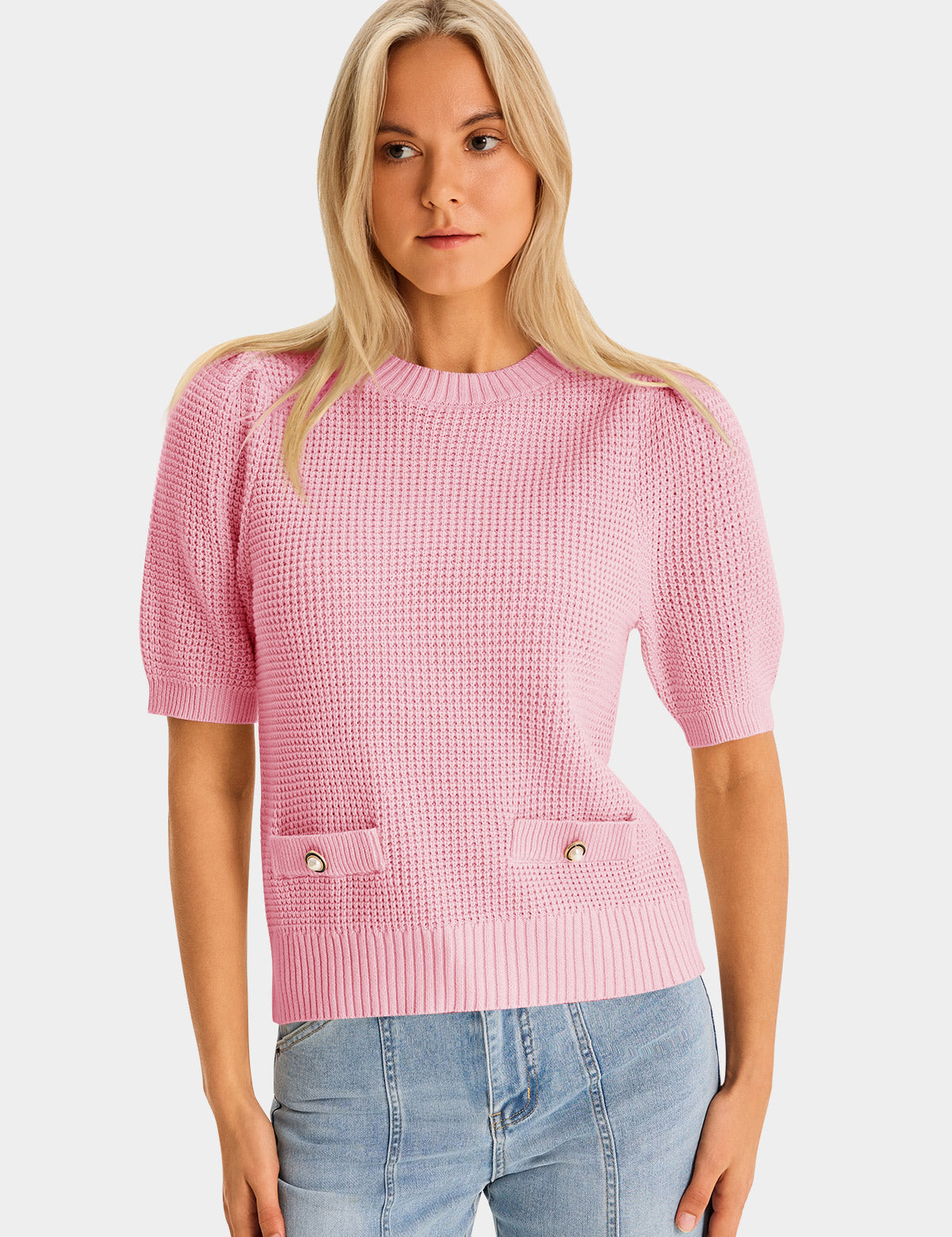 Womens Pink Puff Short Sleeve Sweaters Tops 2