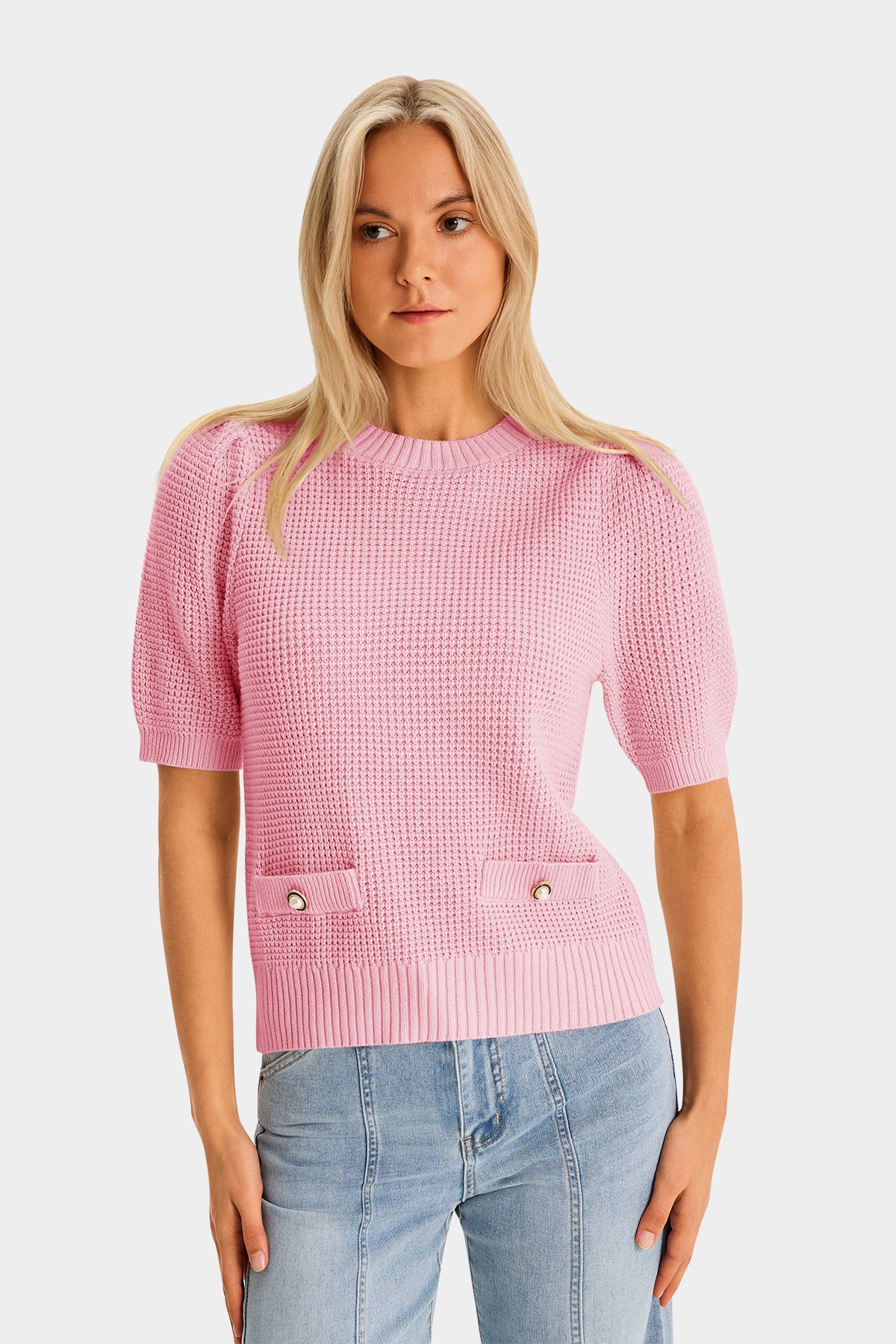 Womens Pink Puff Short Sleeve Sweaters Tops 2