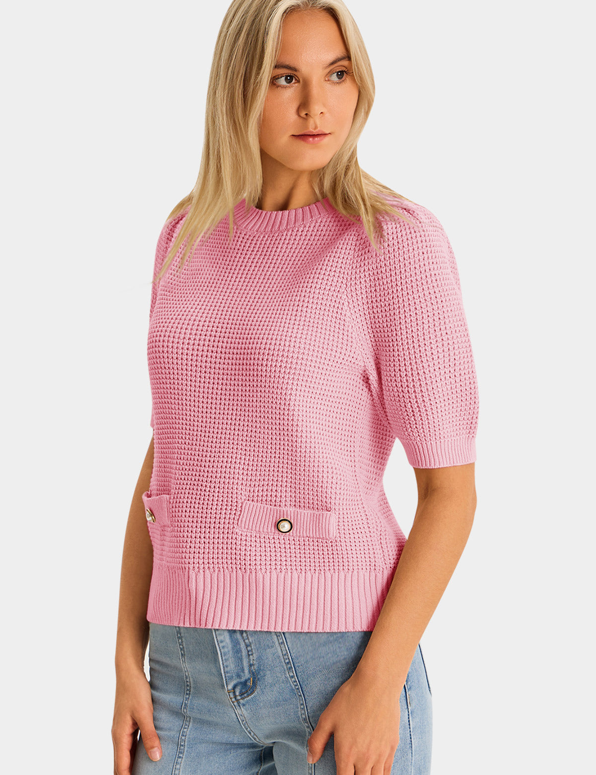 Womens Pink Puff Short Sleeve Sweaters Tops 3