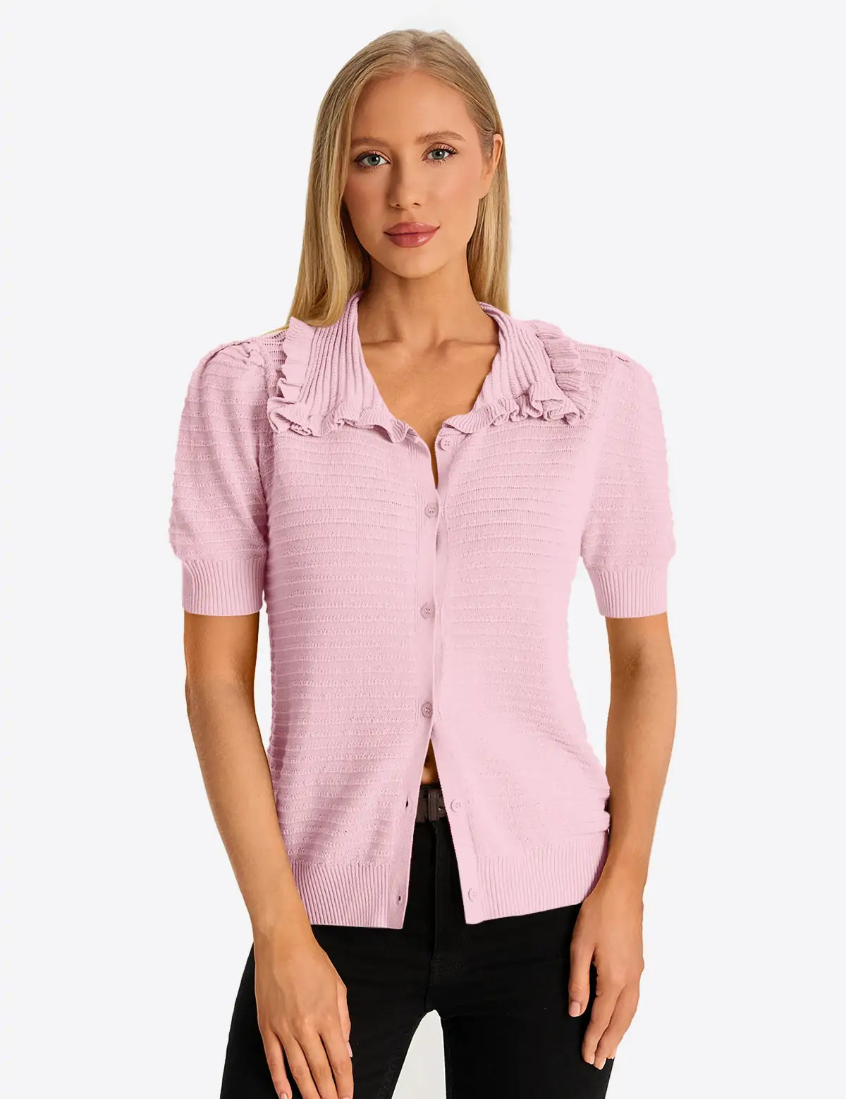 Pink Ruffle Peter Pan Collar Cardigan Sweater 1