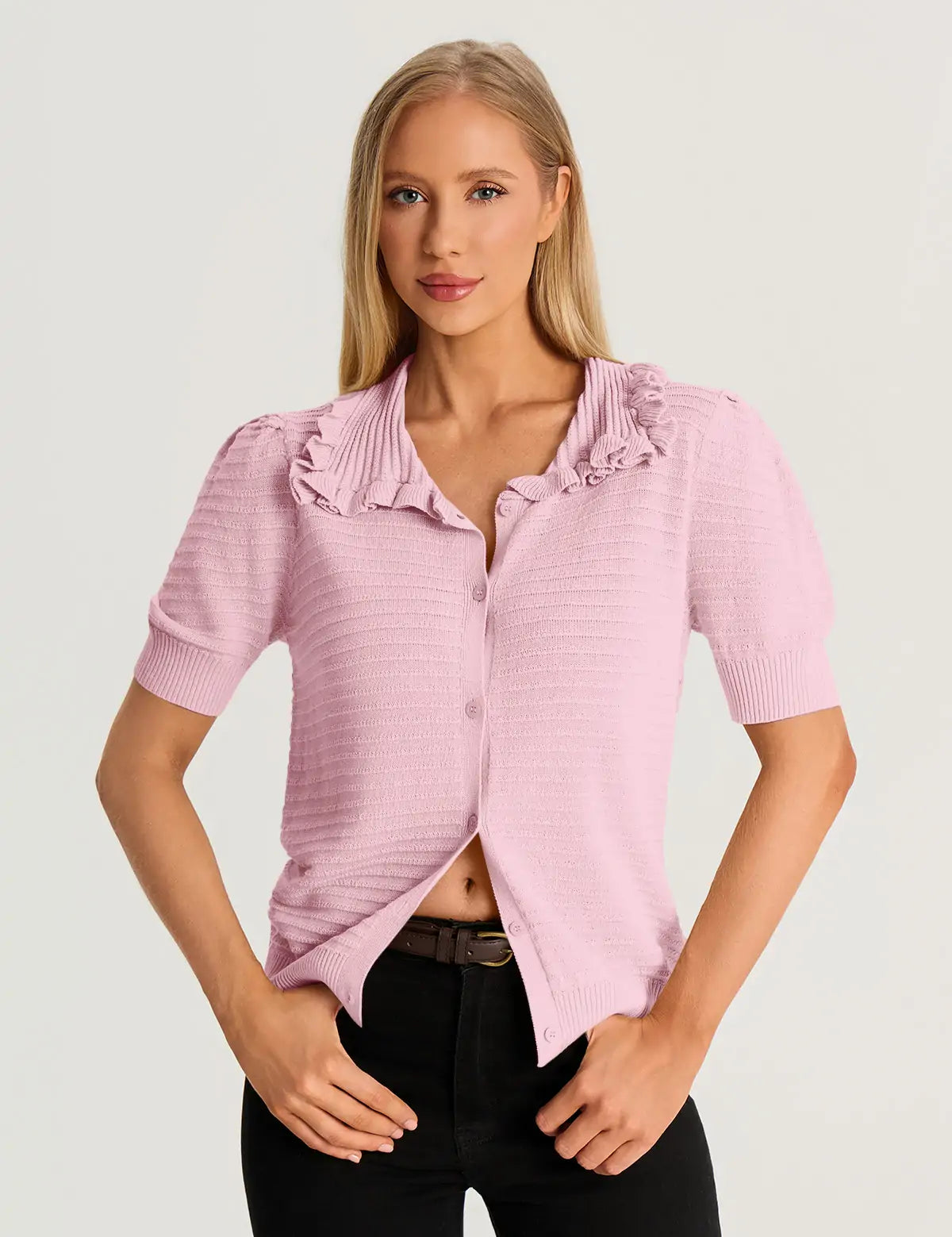 Pink Ruffle Peter Pan Collar Cardigan Sweater 2