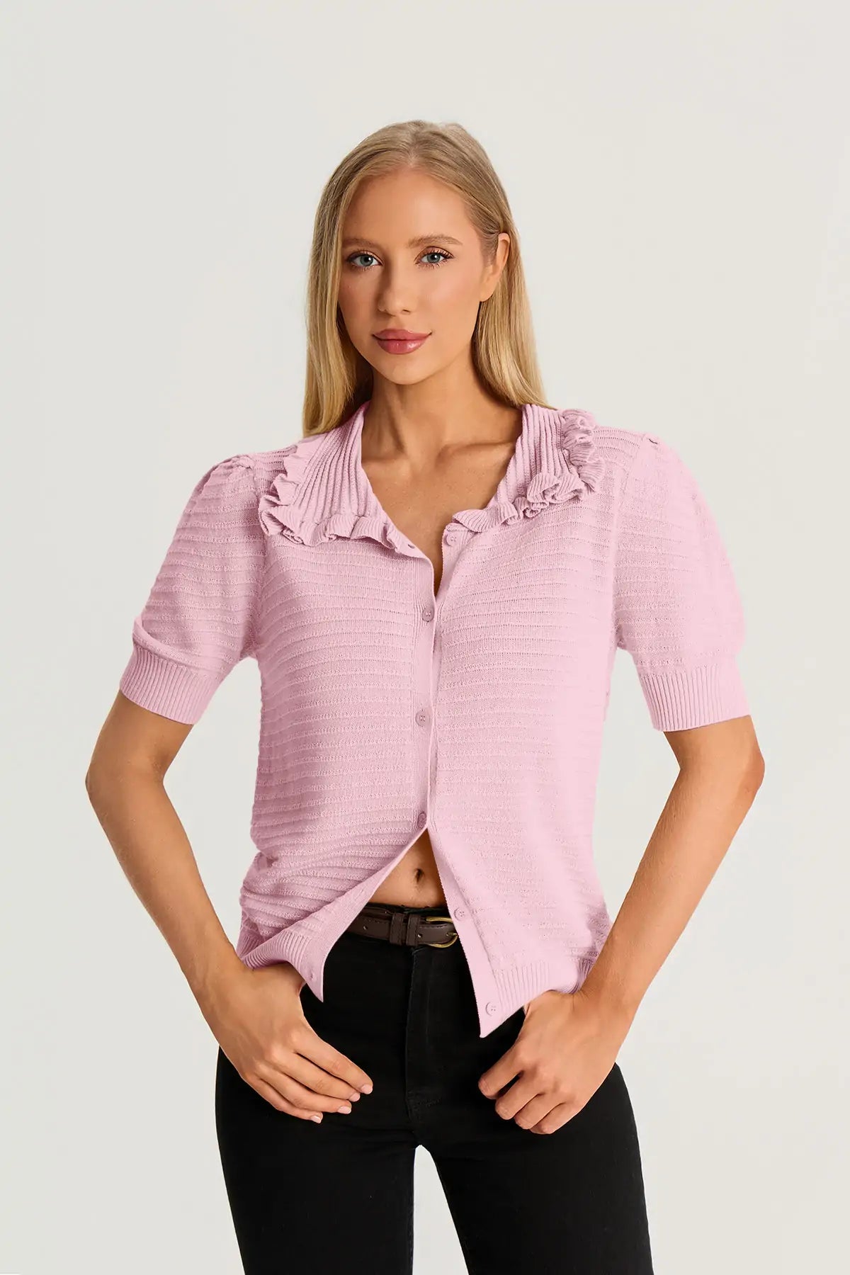 Pink Ruffle Peter Pan Collar Cardigan Sweater 2