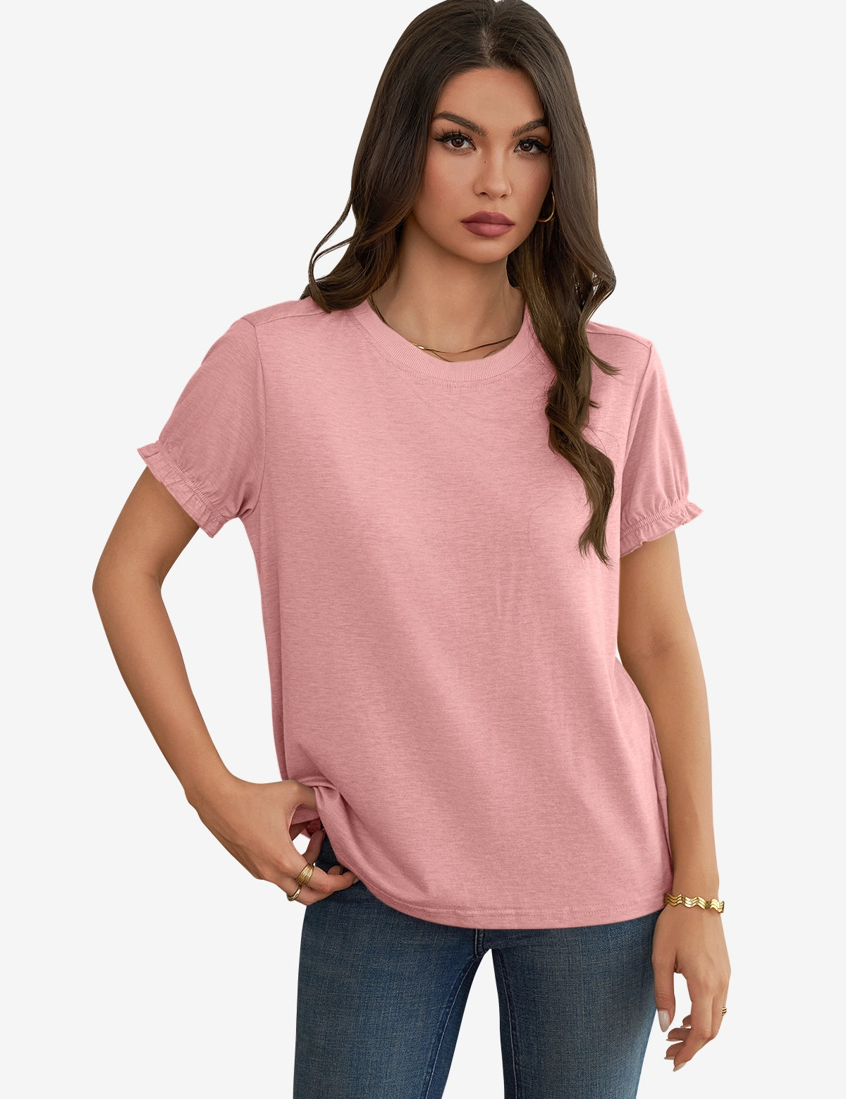 Womens Pink Ruffle Short Sleeve T Shirt 1