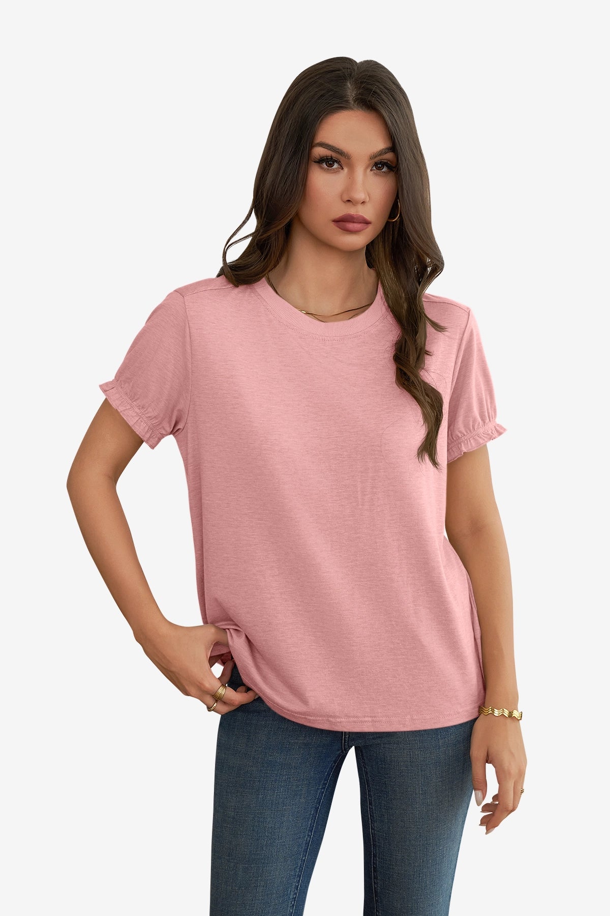Womens Pink Ruffle Short Sleeve T Shirt 1