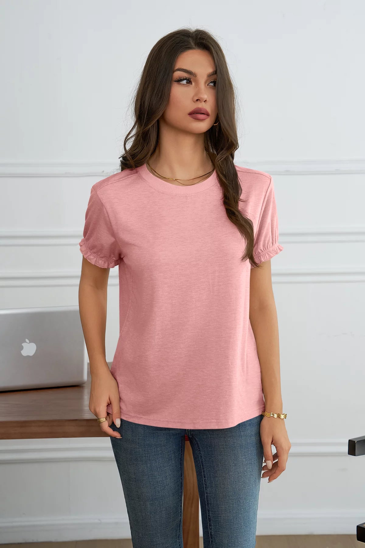 Womens Pink Ruffle Short Sleeve T Shirt | CicyBell