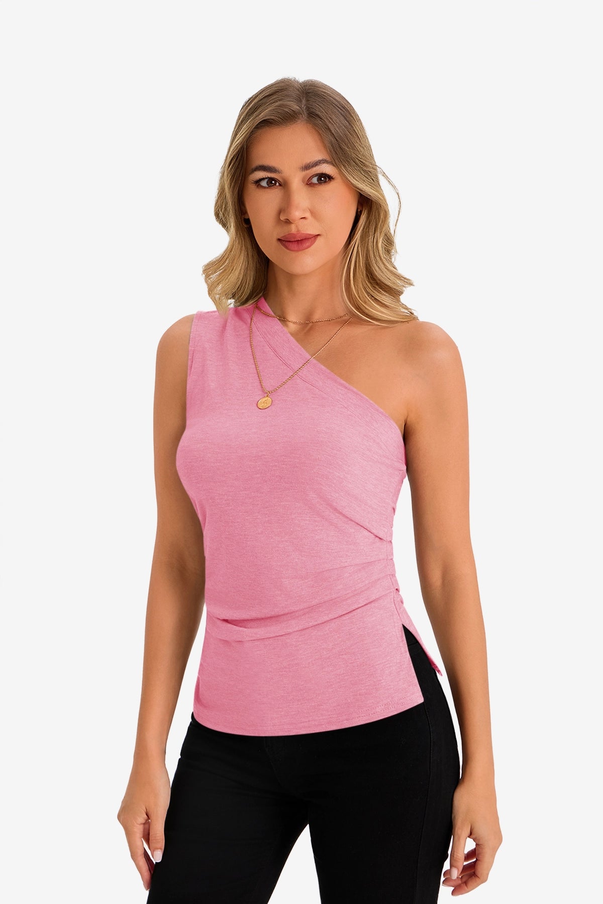 Womens Pink One Shoulder Tank Tops 1