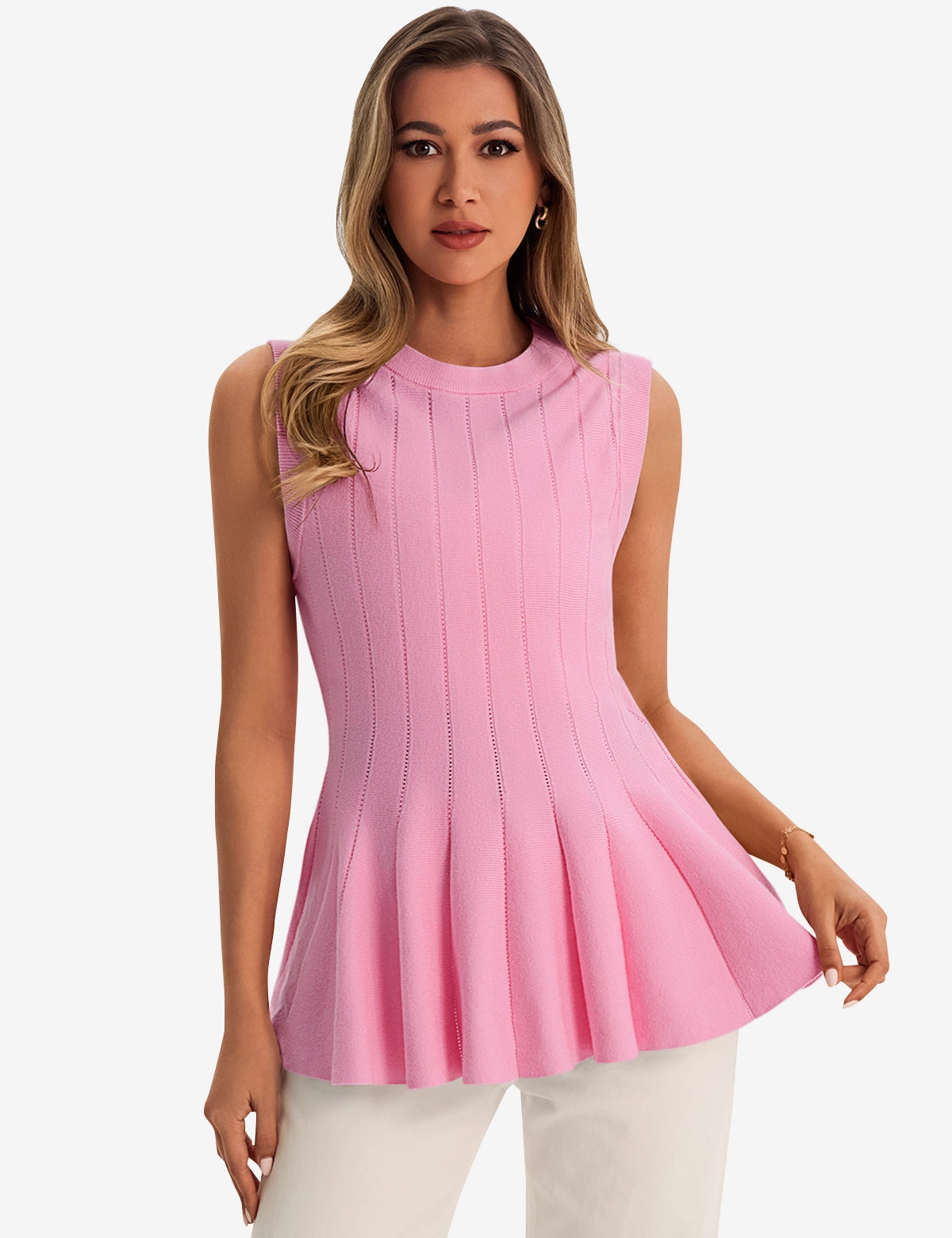 Womens Pink Pleated Peplum Tank Tops 1