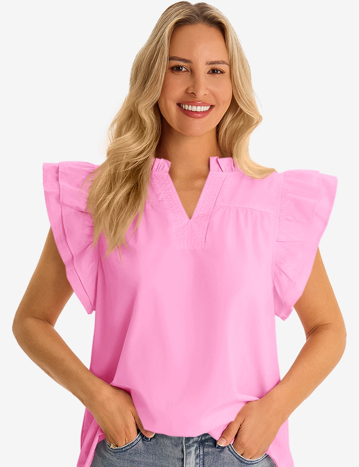 Womens Pink Ruffle Cap Sleeve Tank Tops 2