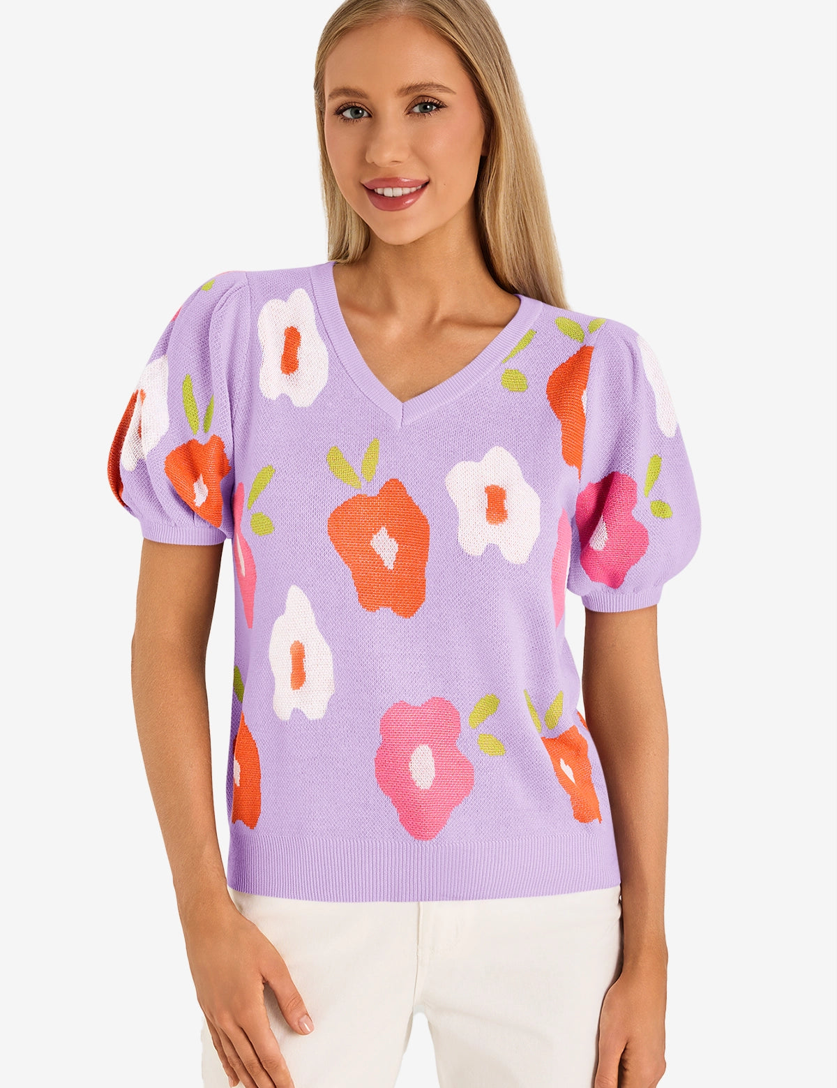 Womens Purple Floral Puff Short Sleeve Sweater 1
