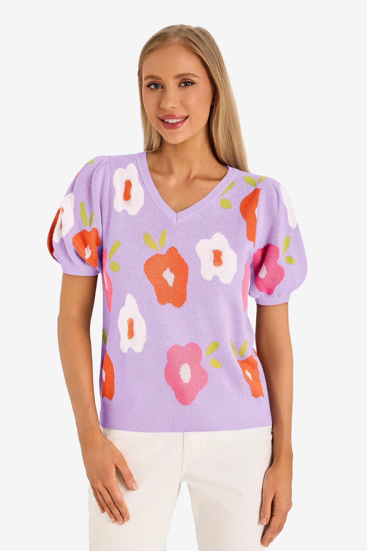 Womens Purple Floral Puff Short Sleeve Sweater 1