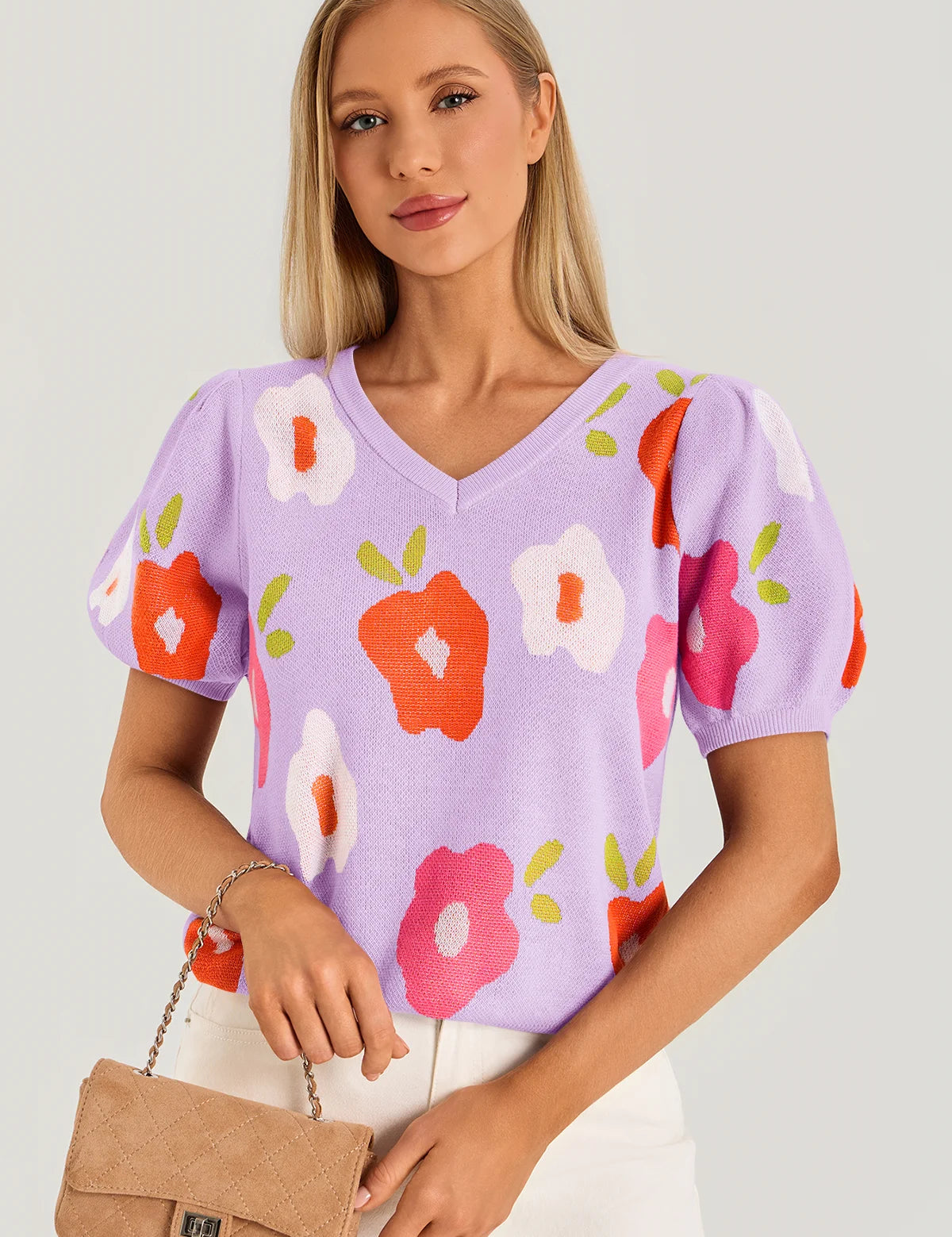Womens Purple Floral Puff Short Sleeve Sweater 2