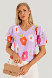 Womens Purple Floral Puff Short Sleeve Sweater 2