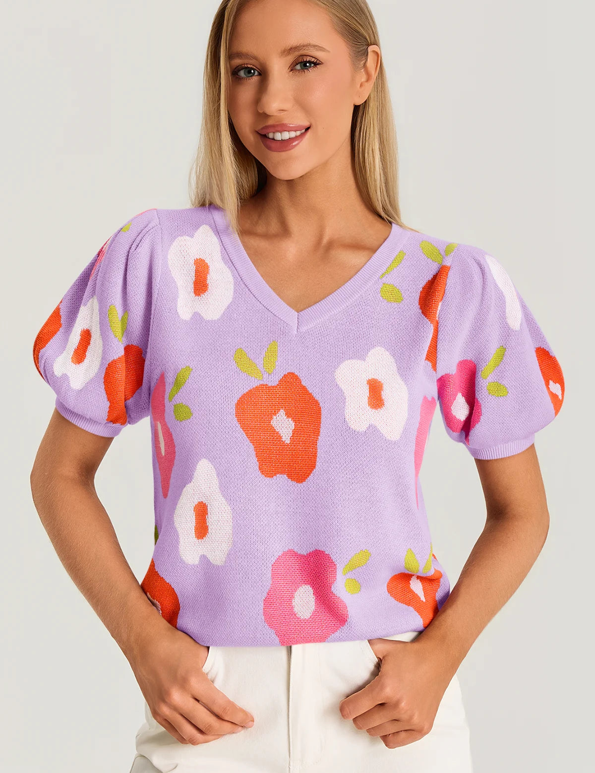 Womens Purple Floral Puff Short Sleeve Sweater 3