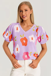 Womens Purple Floral Puff Short Sleeve Sweater 3