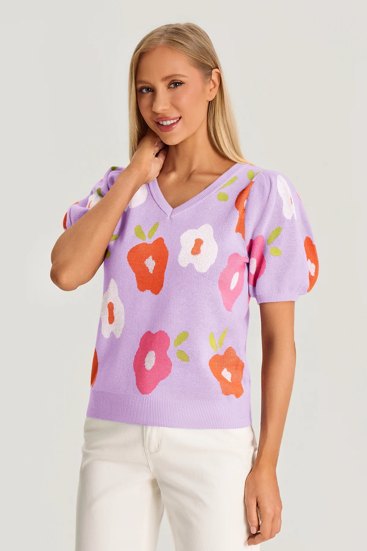 Womens Purple Floral Puff Short Sleeve Sweater | CicyBell