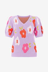 Womens Purple Floral Puff Short Sleeve Sweater | CicyBell
