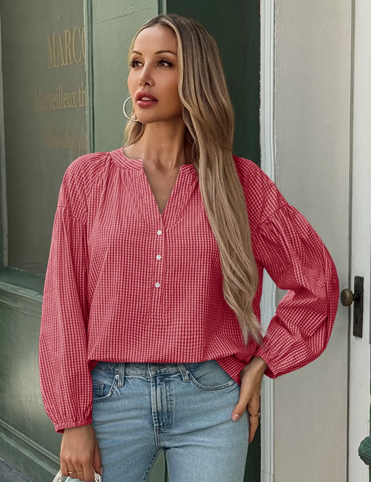 Womens Red Puff Long Sleeve Blouse 1