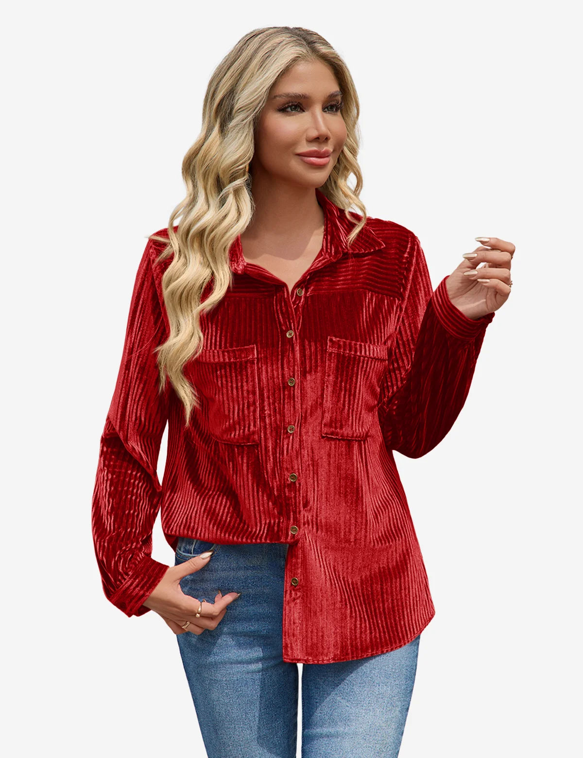 Womens Red Velvet Button Down Shirt 1
