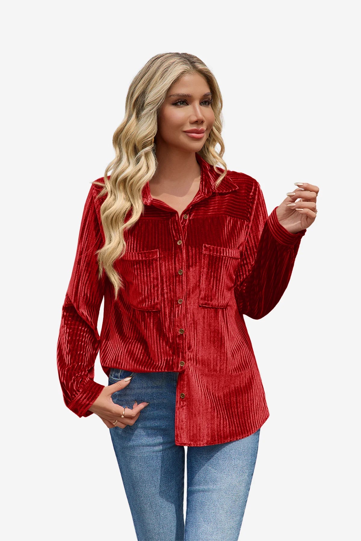 Womens Red Velvet Button Down Shirt 1