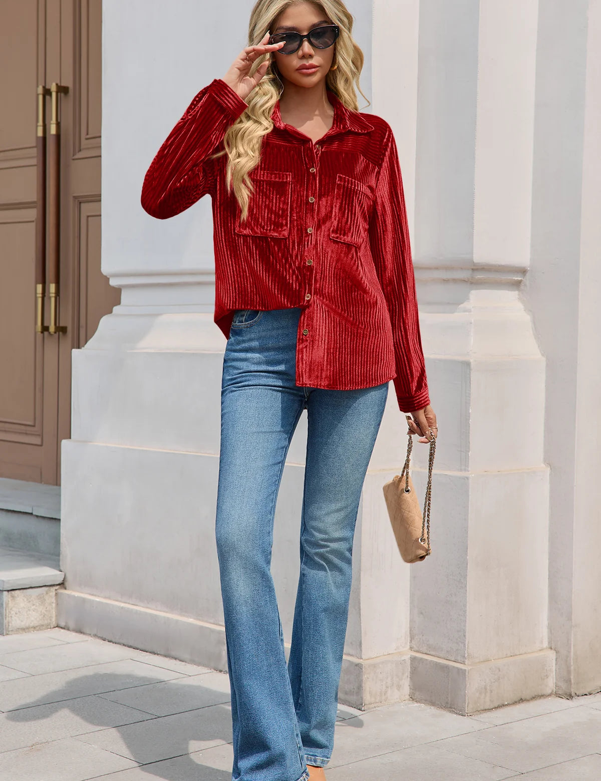 Womens Red Velvet Button Down Shirt 2