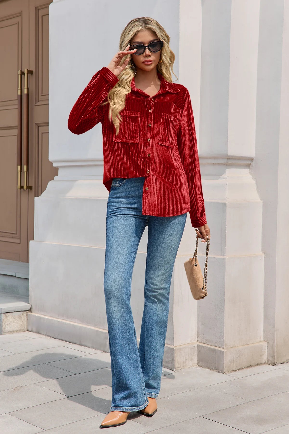 Womens Red Velvet Button Down Shirt 2