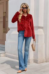 Womens Red Velvet Button Down Shirt 2