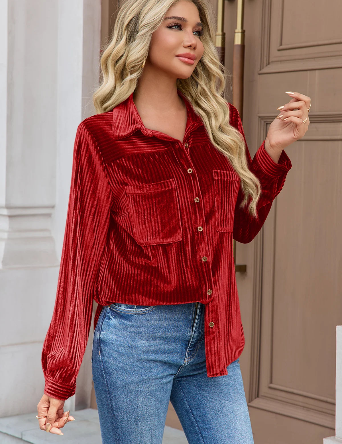 Womens Red Velvet Button Down Shirt 3