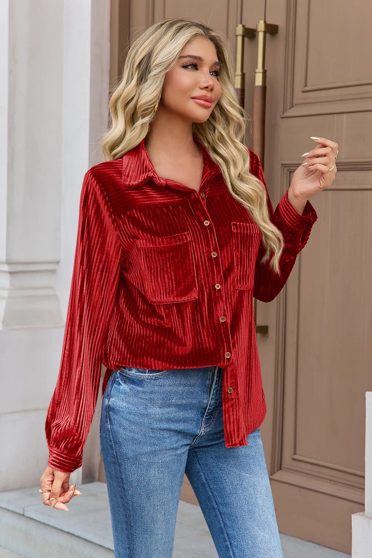 Womens Red Velvet Button Down Shirt 3