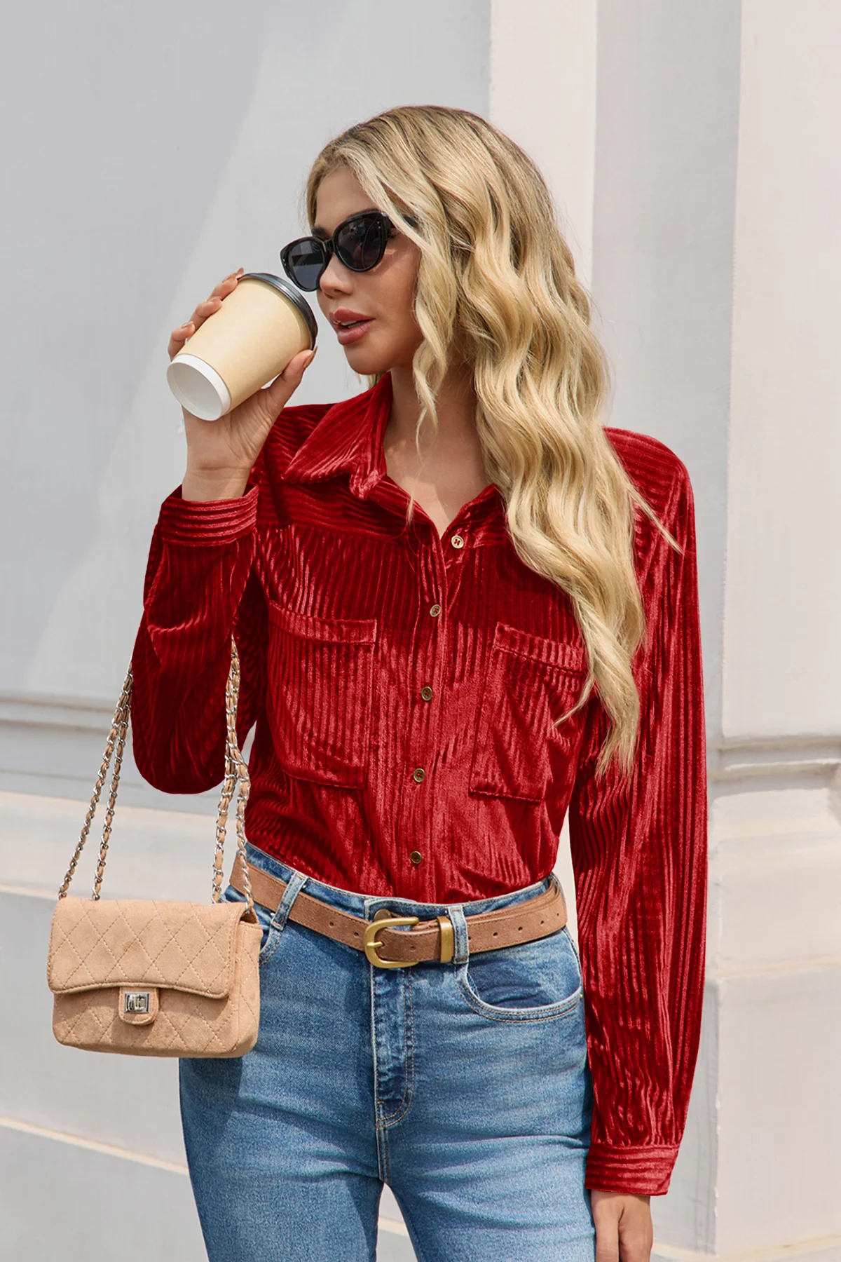 Womens Red Velvet Button Down Shirt | CicyBell
