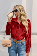 Womens Red Velvet Button Down Shirt | CicyBell