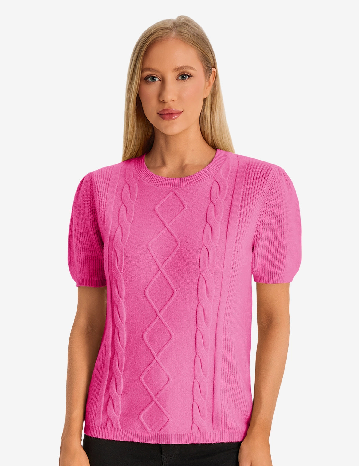 Womens Rose Red Puff Short Sleeve Sweater 1