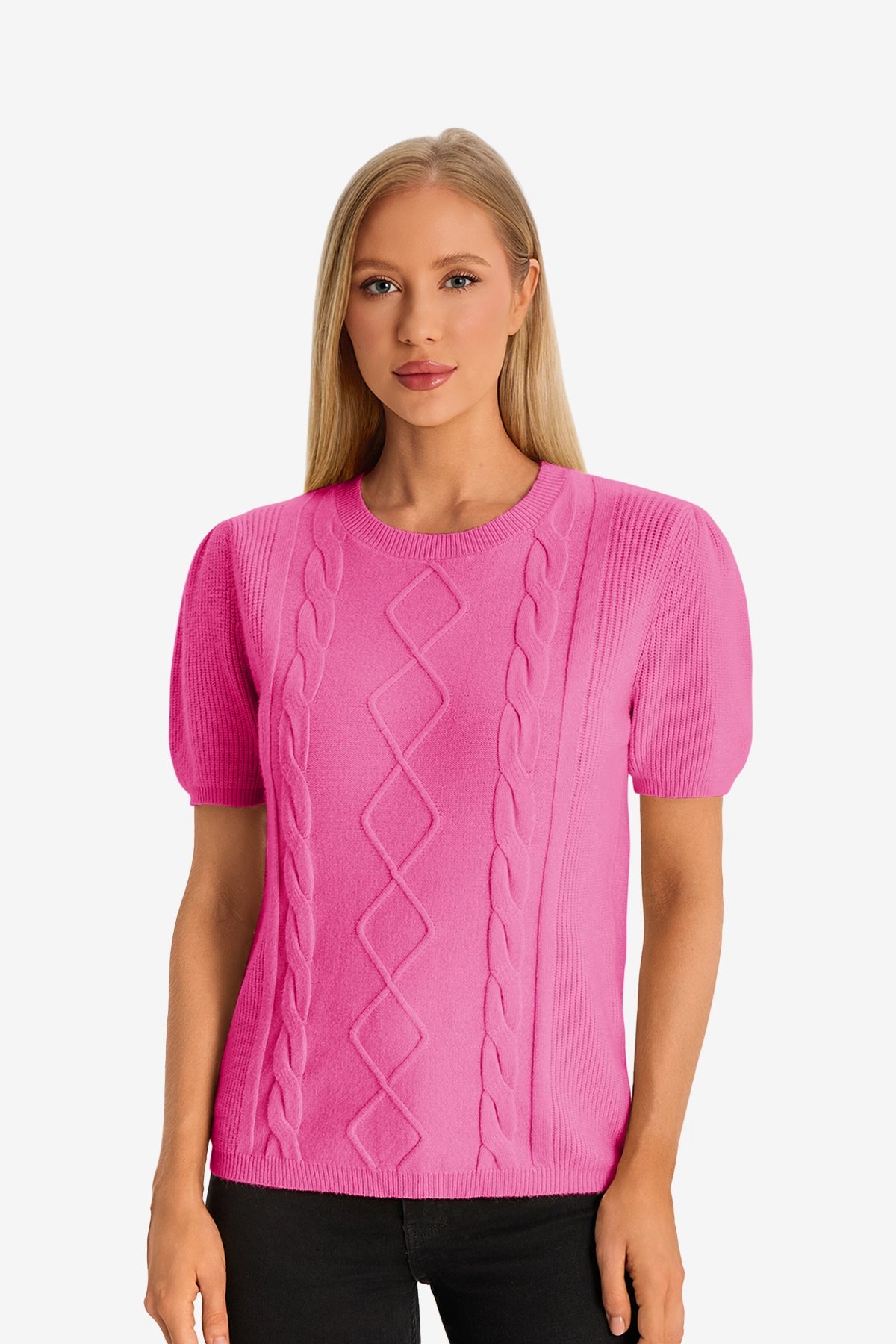 Womens Rose Red Puff Short Sleeve Sweater 1