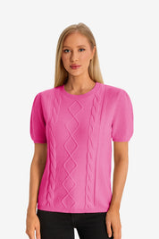 Womens Rose Red Puff Short Sleeve Sweater 1