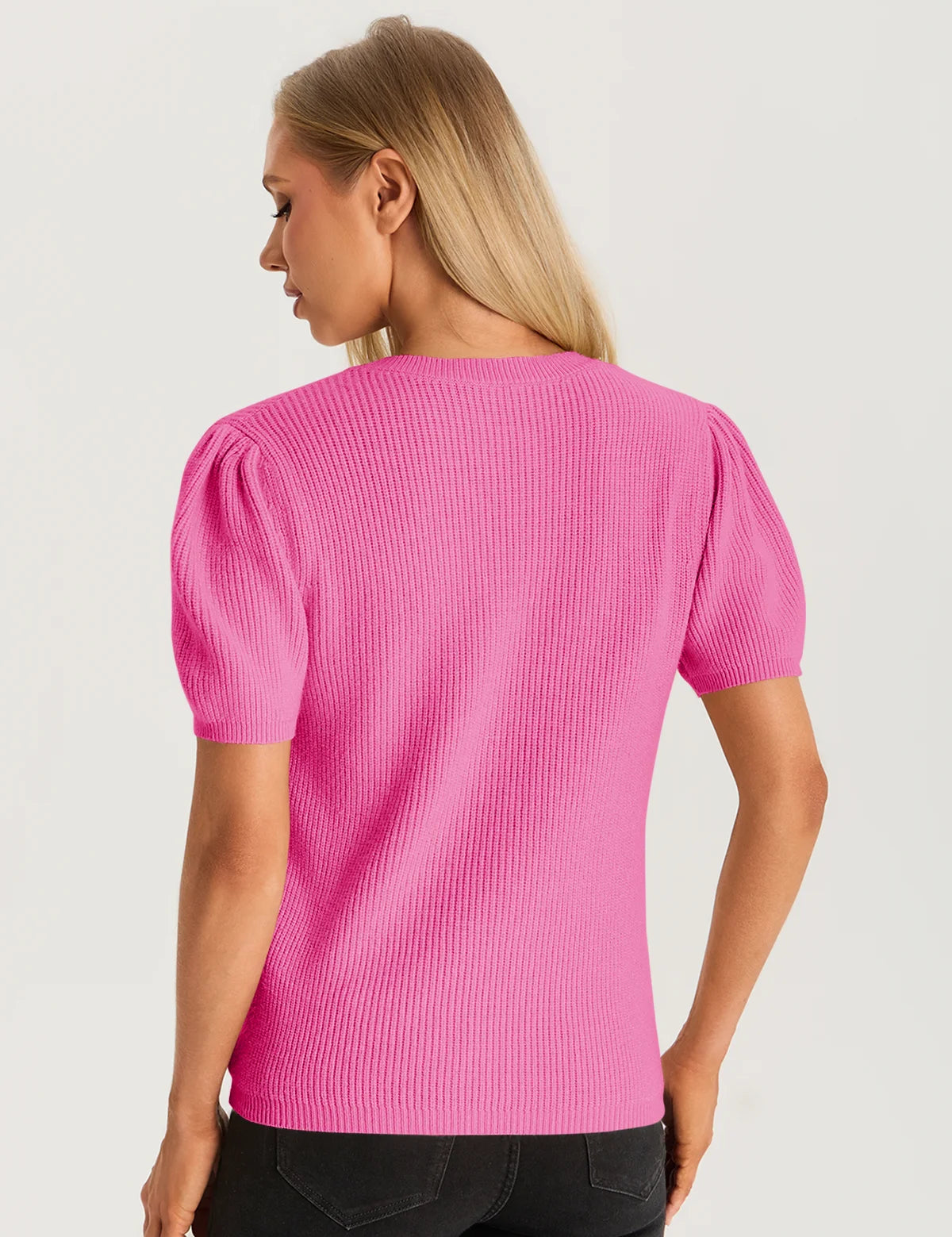 Womens Rose Red Puff Short Sleeve Sweater 2