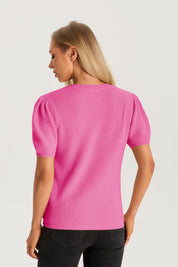 Womens Rose Red Puff Short Sleeve Sweater 2