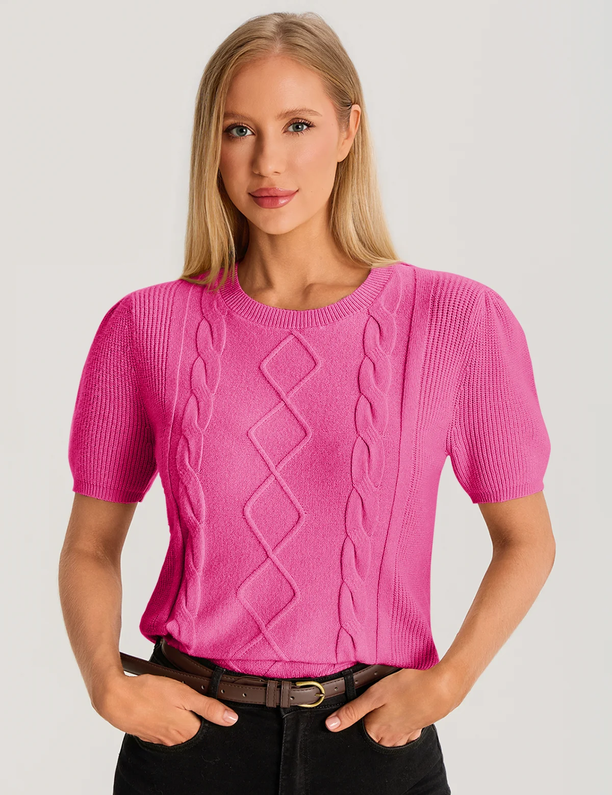 Womens Rose Red Puff Short Sleeve Sweater 3